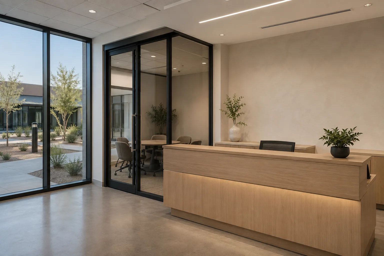 Office reception build-out with aluminum-and-glass storefront framing