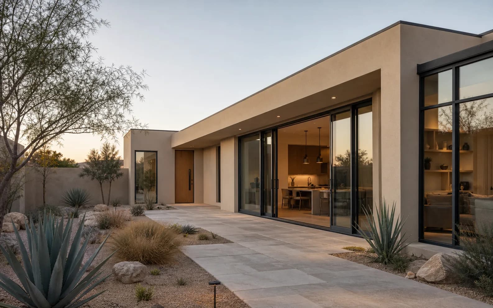 Casa de estilo desértico moderno al atardecer, con puertas corredizas de aluminio negro abiertas hacia una cocina iluminada.