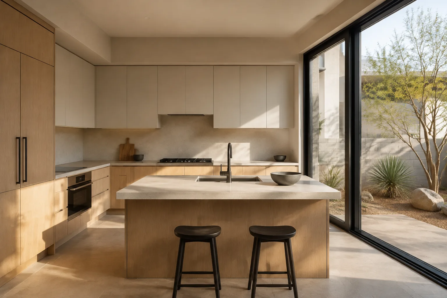 Contemporary kitchen renovation with a wide window onto a rear patio
