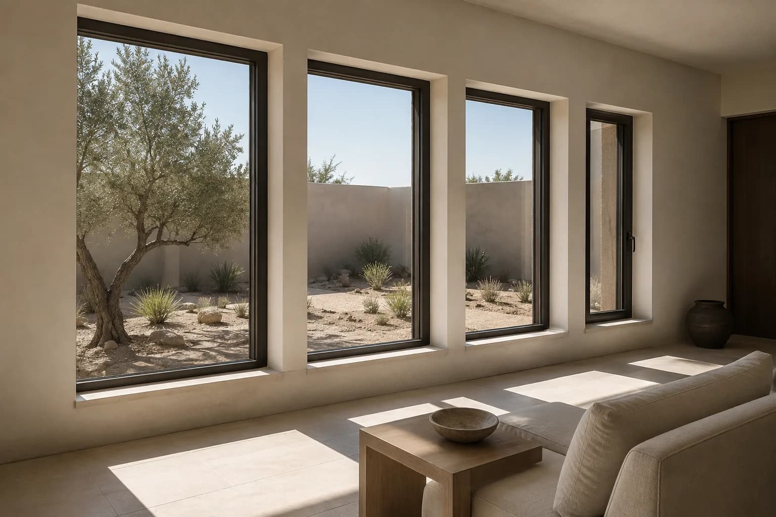 Interior room with a row of black-framed fixed windows facing a desert patio